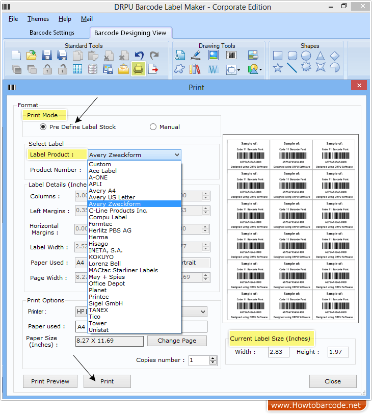 Print settings with Pre Define Label Stock