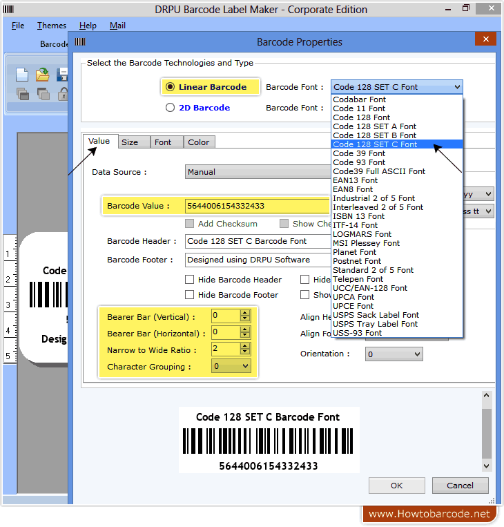Code 128 set C barcode properties