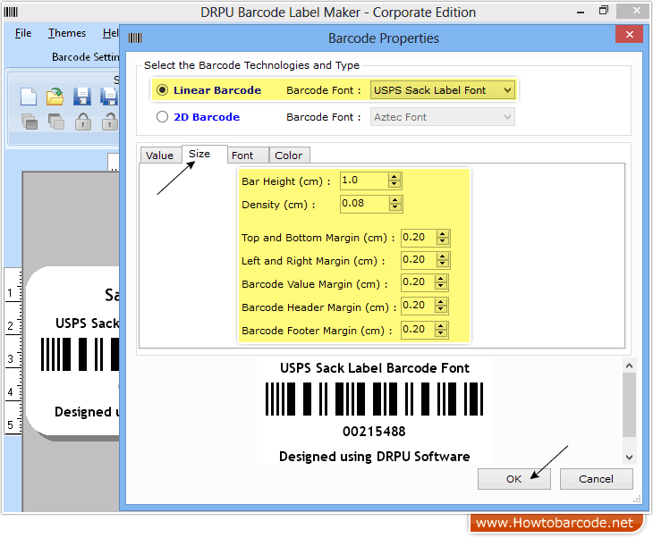 Size and margins settings for USPS Sack Font