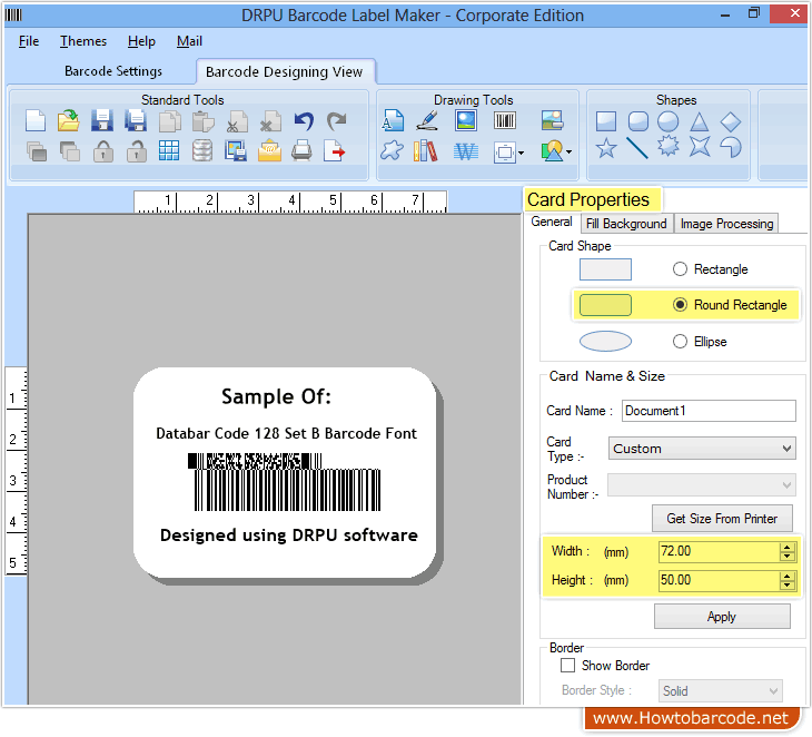 Specify barcode label shape and size