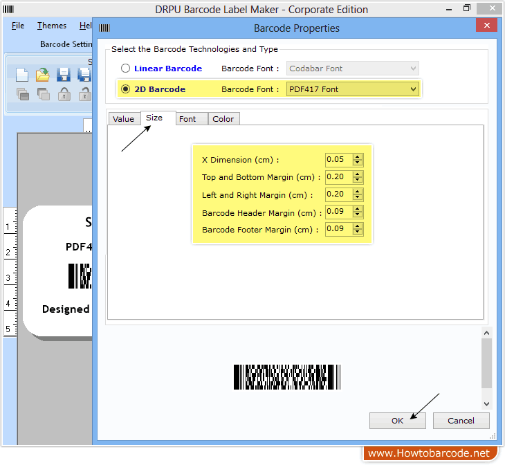 Set size for PDF417 Barcode Font