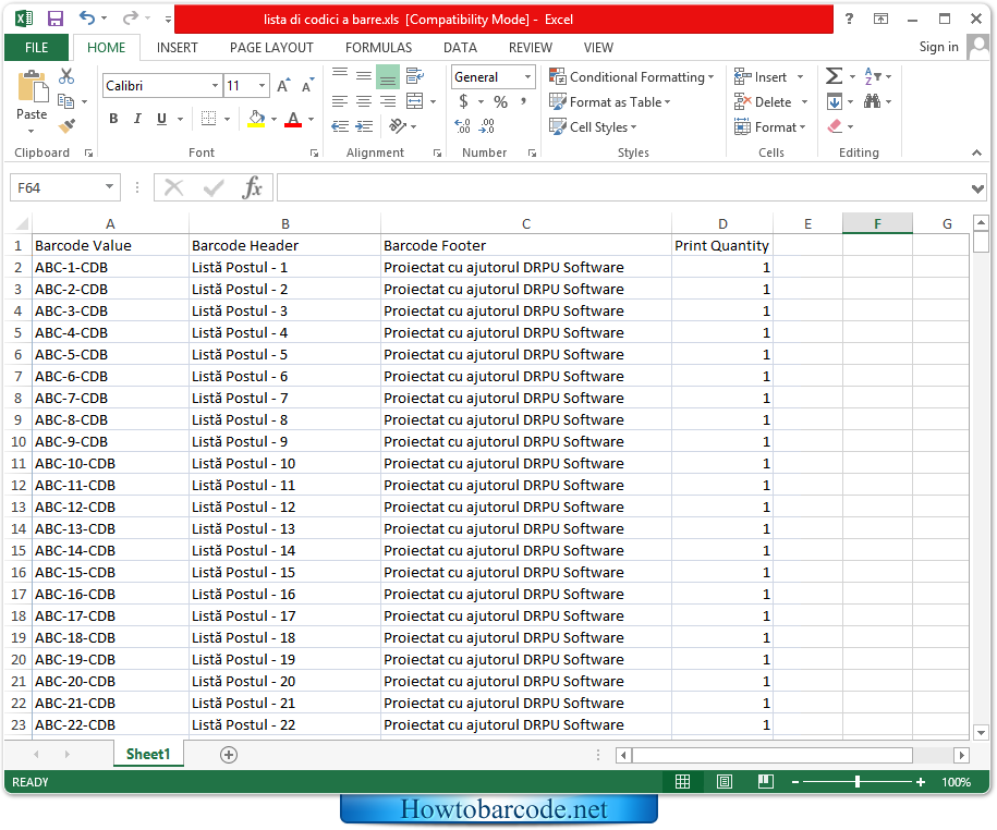 Listă de valoare coduri de bare