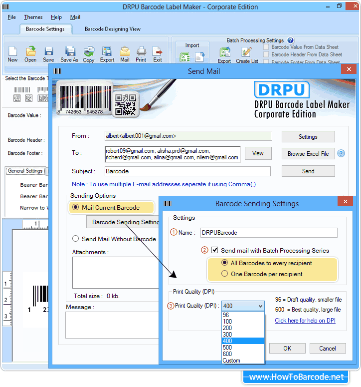 Barcode Einstellungen für das Senden