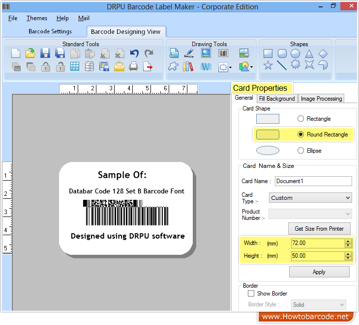 Specify barcode label shape and size