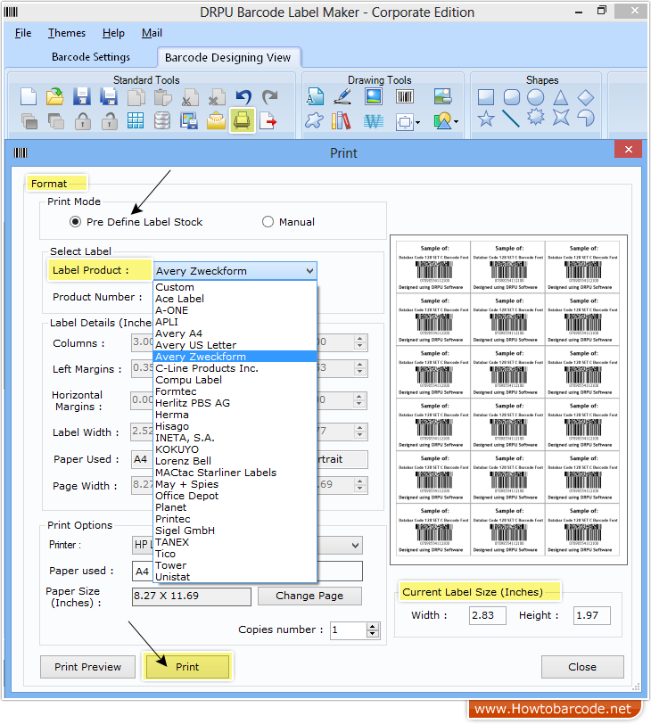 Drucken vordefinieren Databar Code 128 Set C Font